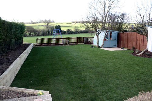 Saffron Walden — the long lawn behind the house, levelled and turfed, with a low retaining edge marking the boundary of the new beds.